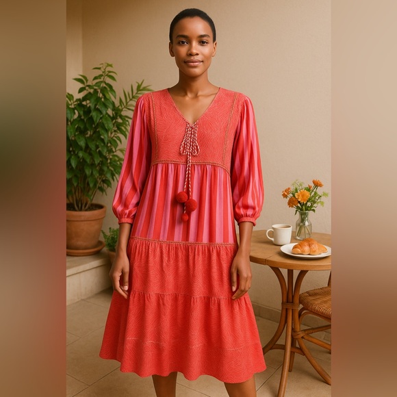 Anthropologie Blank London Lyndsey Tiered Tunic Dress Large L Pink Combo Boho - Picture 15 of 16